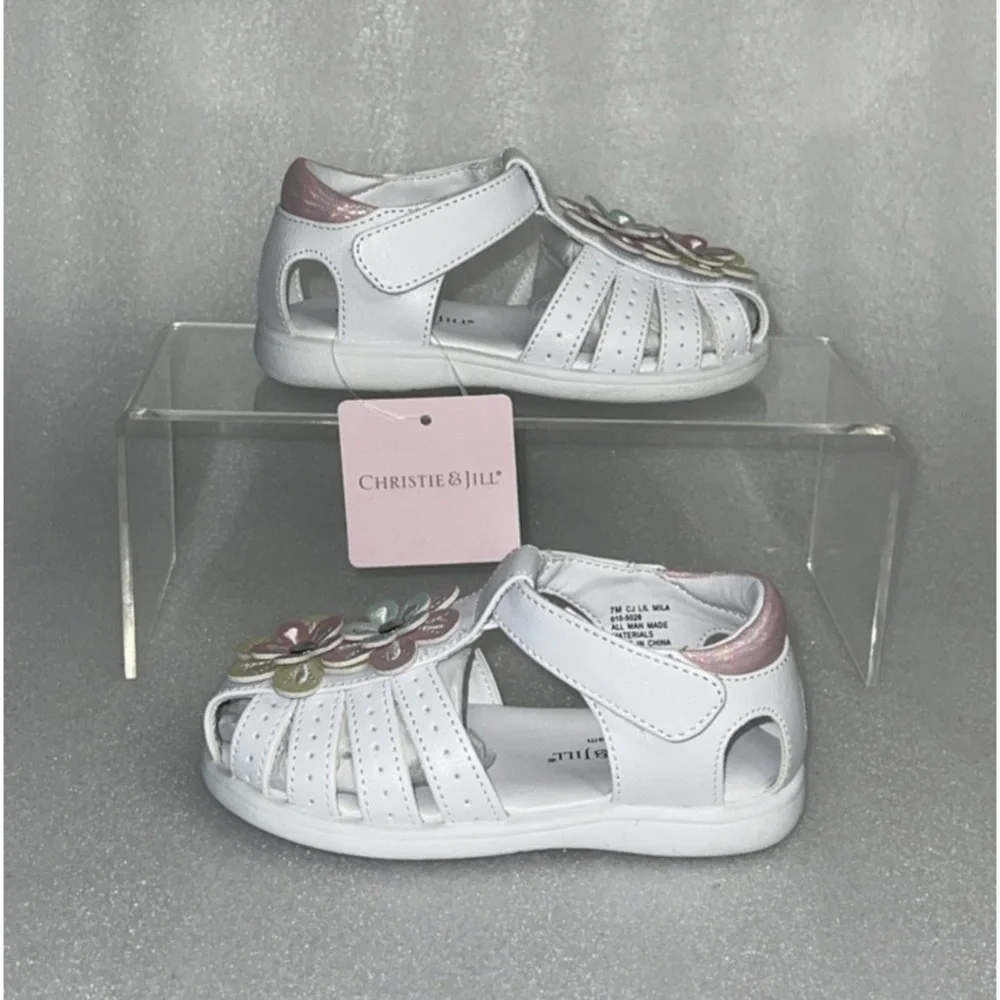Christie & Jill Sandals Lil Mila White & Pink Flowers Little Girls‎ Size 7M New